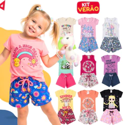 Kit 6 Peças Roupa Infantil Menina Verão 3 Camisetas + 3 Shorts Tamanhos 1 ao 14
