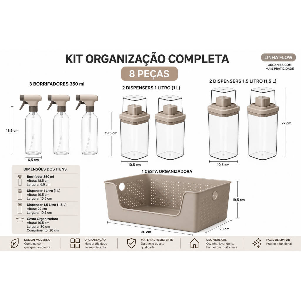 Kit Lavanderia Completo OU Linha Flow – Cesto Organizador + Borrifadores + Dispensers de Sabão Linha Flow - OU — imagem 2 de 2