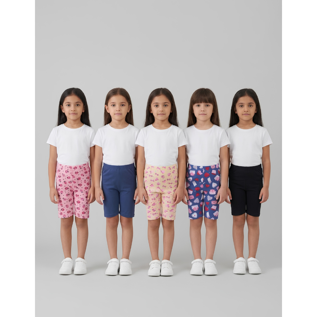 Kit 5 Shorts Ciclista Infantil Feminino Algodão Bermuda Menina Roupa Escolar Confortável Liso Estampado