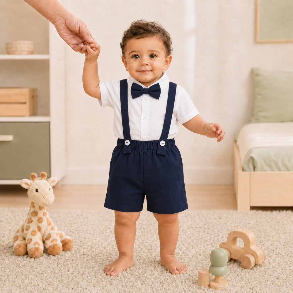 Conjunto Infantil Temático Social Look Completo Menino Mauricinho Camisa Gravata Bermuda e Suspensório P M e G