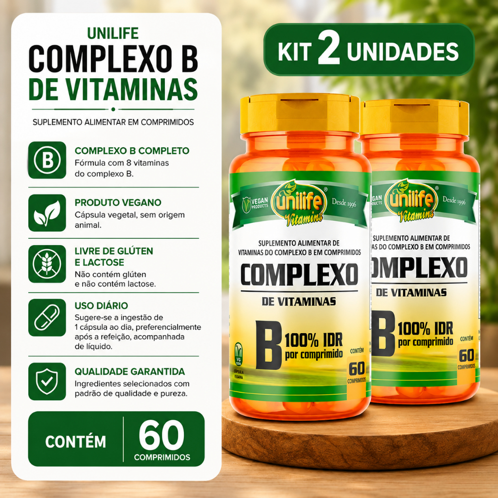 Kit 2 Vitamina Complexo B Unilife 60 Cápsulas Vegano Sem Glúten e Lactose
