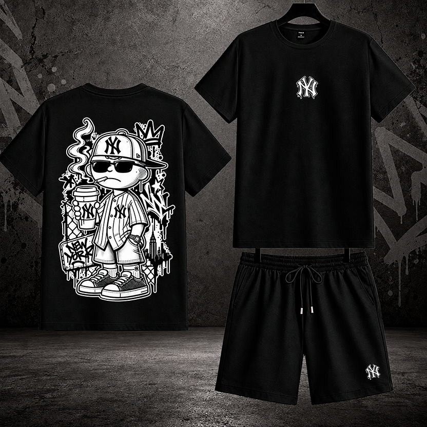 Conjunto Masculino Camiseta Estampada NY + Short Tactel Preto Streetwear Y2K Casual