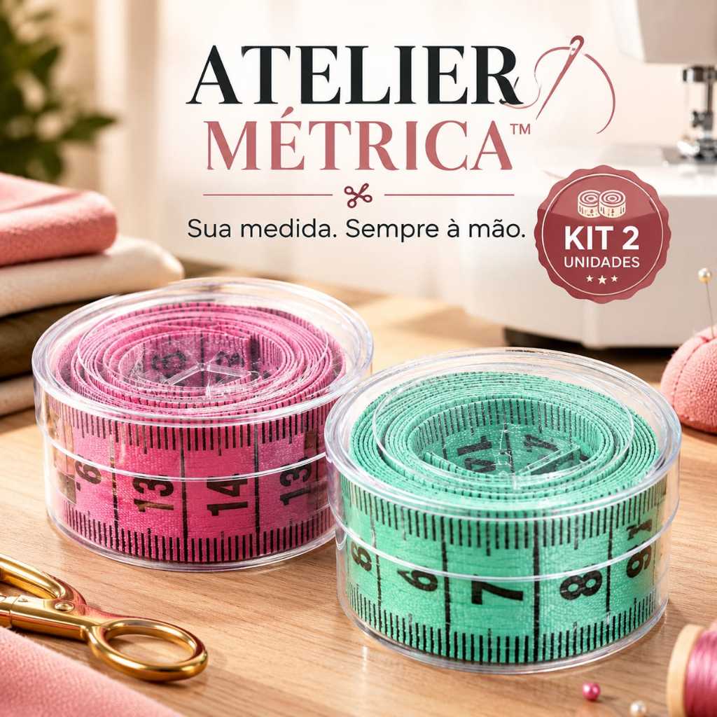Kit 02 Fitas Métricas 150cm -Atelier Métrica Costura Corporal Alfaiataria, e Medidas + Pote Acrílico TM-POTE