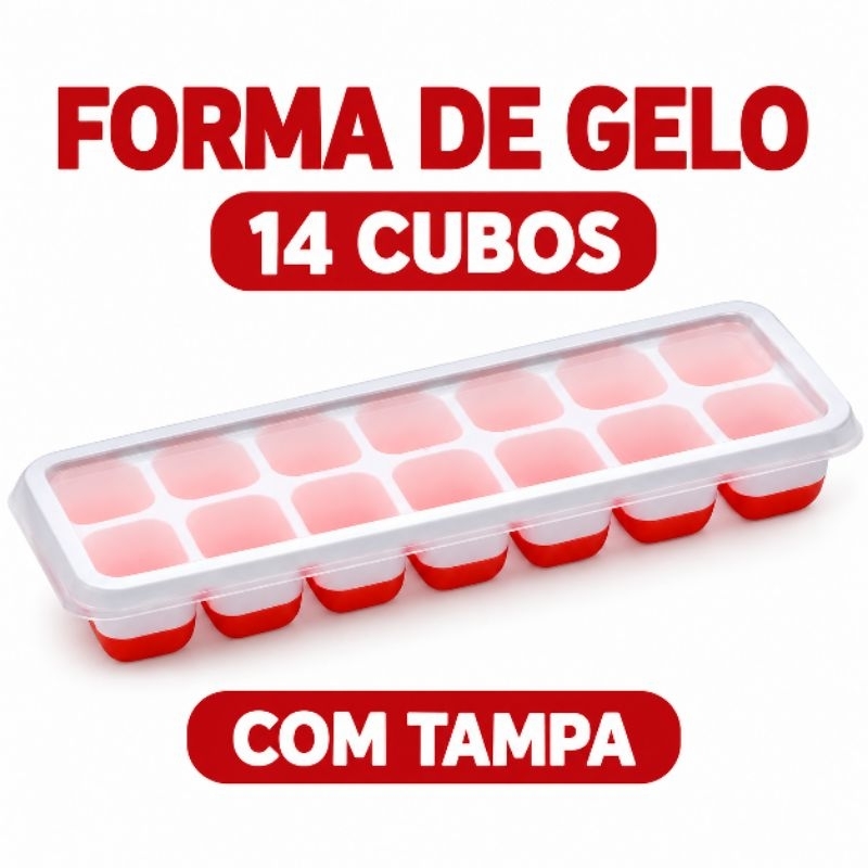 Forma de Gelo com Tampa 14 Cubos Silicone Plástico Bandeja Forminha de Gelo Freezer Drinks Sucos Refrigerantes Bebidas