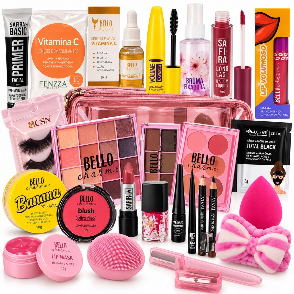 KIT MAQUIAGEM COMPLETA Feminina Rímel Gloss Efeito Bocão Paletas Pó Banana Blush e Mais