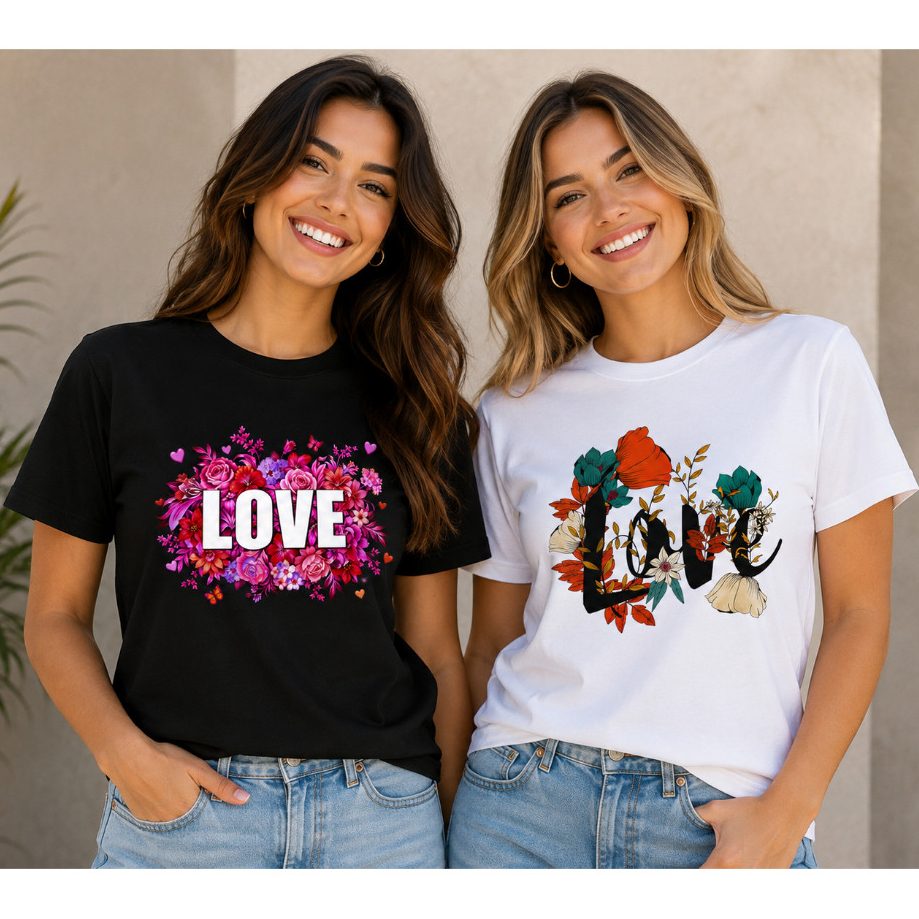 Kit 2 Camiseta 100% Algodão Feminina LOVE Floral – Estampa Exclusiva | Confortável, Moderna e Estilosa