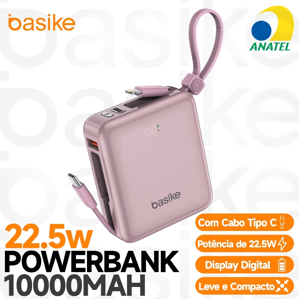 BASIKE Power Bank 10000mAh Mini PD 22.5W Carregamento Rápido Duplo com 2 Cabos Integrados