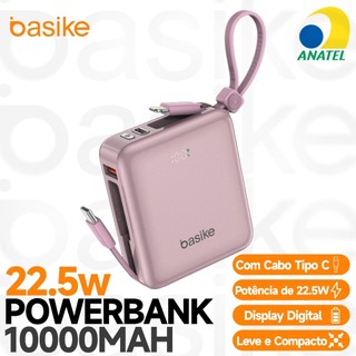BASIKE Power Bank 10000mAh Mini PD 22.5W Carregamento Rápido Duplo com 2 Cabos Integrados