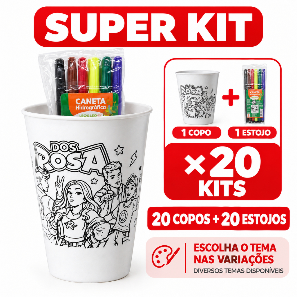 Super Kit 20 Copos + 20 Estojos de Canetinhas - Para Colorir, Festa Aniversário, Lembrancinha, Escola, Combo