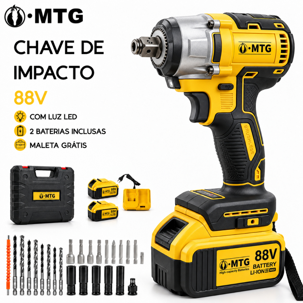 Chave de Impacto Sem Fio 1/2 Brushless 2 Baterias 1300mAh com Maleta para Automóveis Oficina MTG