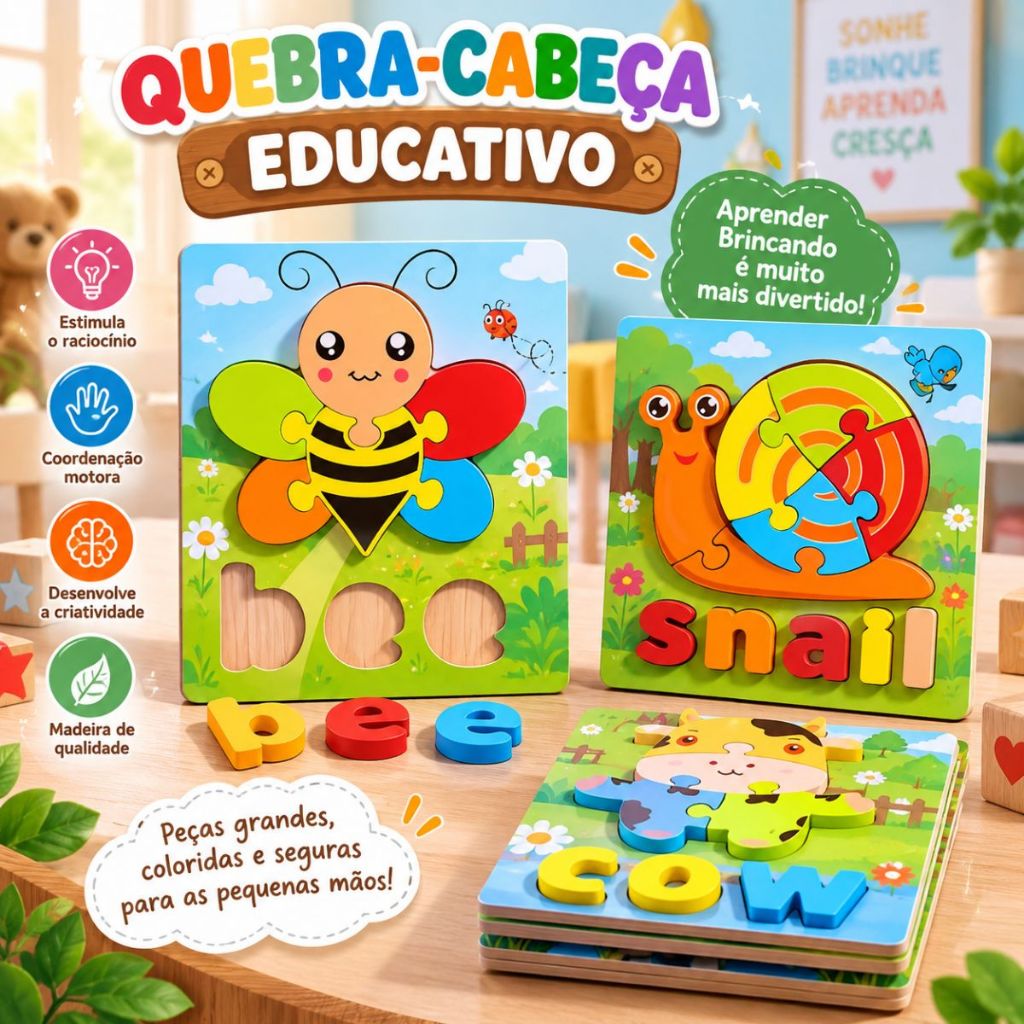 Quebra Cabeça Figura e Palavra Madeira Educativo Encaixe Divertido Letras Animais Palavra Montessori