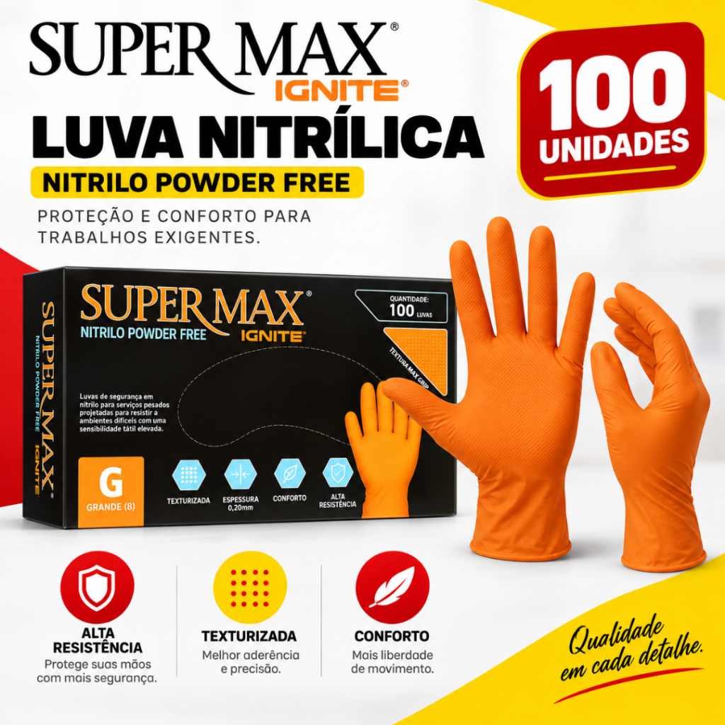 Luva Nitrílica Laranja Ignite Supermax 100 Unidades Descartável Sem Pó