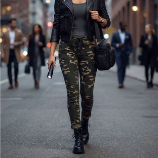 calça cargo feminina em sarja com estampa camuflada em tons de verde militar e bege (bazar, desapego)