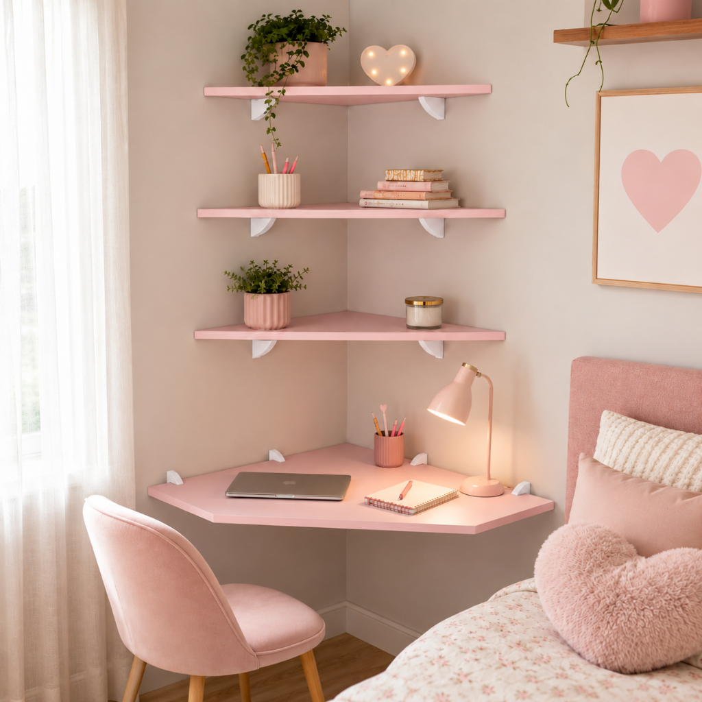 Kit Mesa Rosa Escrivaninha de Canto com 3 prateleiras para quarto e escritório em mdf 15mm