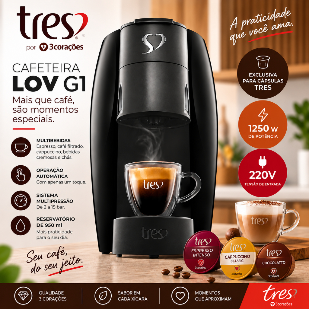 Cafeteira Espresso TRES 3 Corações LOV G1 Automática Multibebidas Preta 1250W - 220v