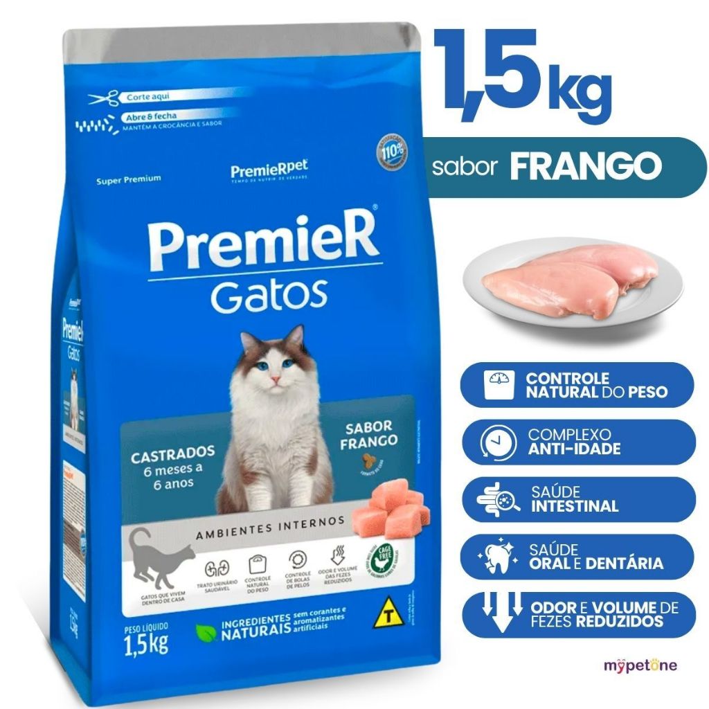 Premier Gatos Castrados Frango 1,5kg Idade 6 Meses a 6 Anos