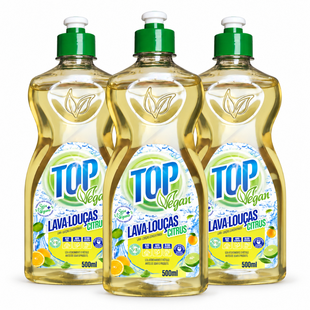 Lava Louças Detergente Hipoalergênico Biodegradável Vegano Top Vegan Citrus 500ml 3 Unidades