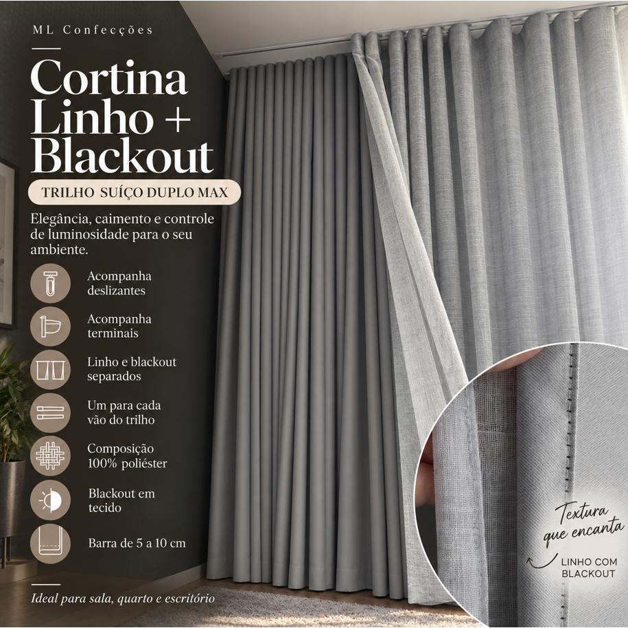 Cortina Voil Linho Forro Blackout Largura 3m de Largura para TRILHO DUPLO MAX