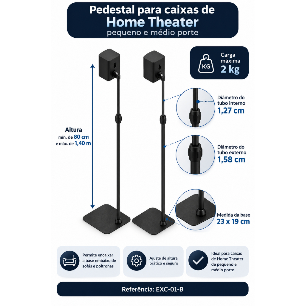 PAR DE SUPORTE PEDESTAL CHÃO PARA CAIXAS DE SOM HOME THEATER SUPORTE QUADRADO COM AJUSTE DE ALTURA