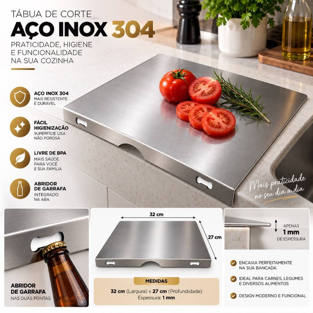 Tábua Inox para Pia com Encaixe Seguro e Superfície Antiderrapante