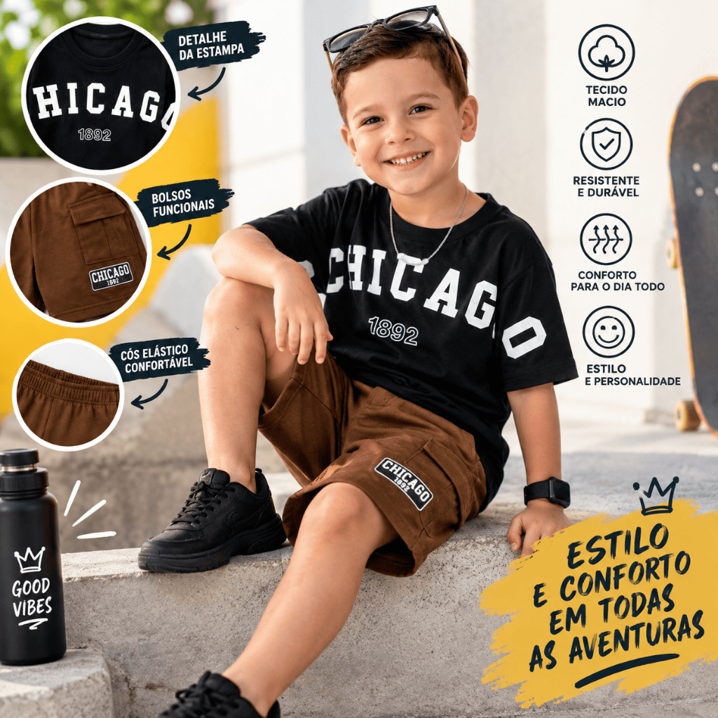 Conjunto Infantil Masculino de Verão - Blusa Fresquinha e Short Estiloso - Veste do 2 ao 12 Anos
