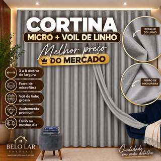 Cortina TRILHO SUIÇO 3M, 4M, 5M, 6M, Voil Gaze Linho com Forro Microfibra