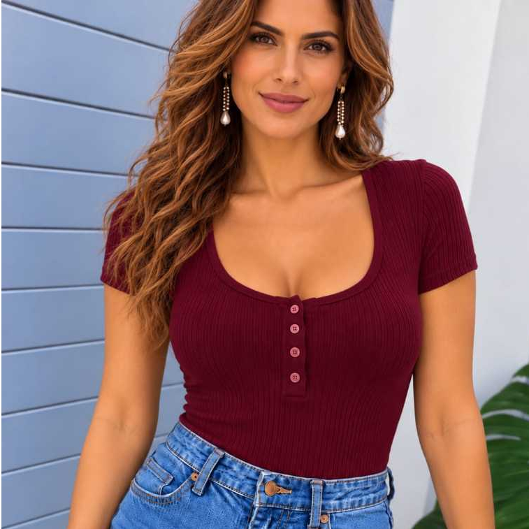 Blusa Feminina Canelada Suéter Manga Curta Botões Funcionais Look Casual Elegante Dia a Dia Trabalho