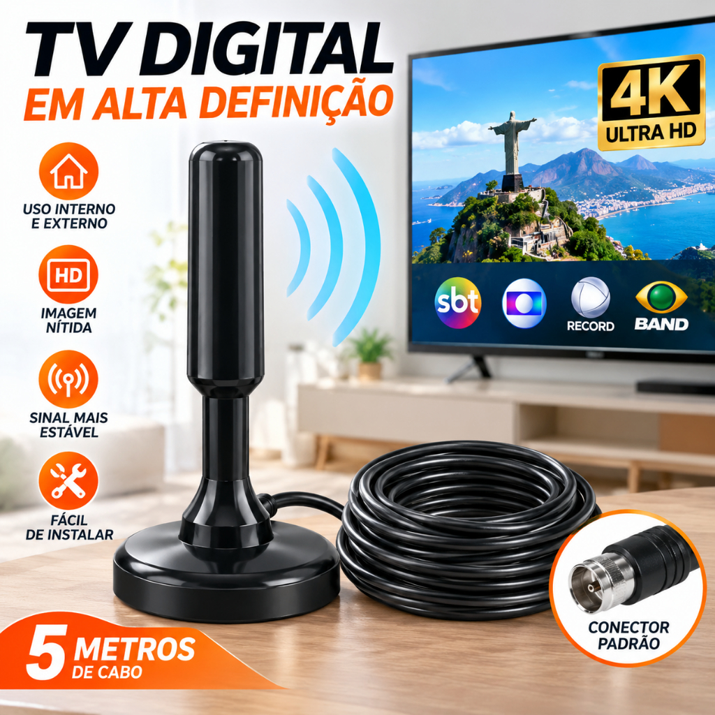 📡 Antena Digital Para TV HDTV UHF VHF Cabo 3m Ou 5m Interna 4 Modelos Sinal Digital