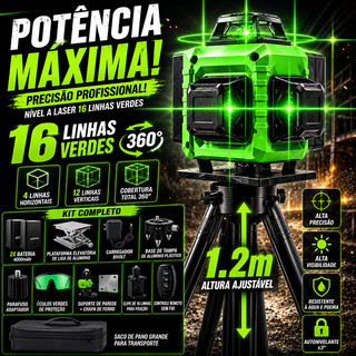 Nível Laser 16 Linhas Profissional  Verde Nível 360° Auto-Nivelante 4D + Tripé 1.2m + 40m + 4000mAh Baterias*2 War Shark