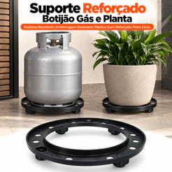 Suporte Reforçado Botijão Gás e Vaso Planta Rodízios Resistente Antiferrugem Deslizante Plástico Duro Reforçado Preto