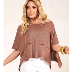 Blusa Feminina Tricot Capa Estilo Ombro a Ombro Morcego Ampla Soltinha Manga Curta