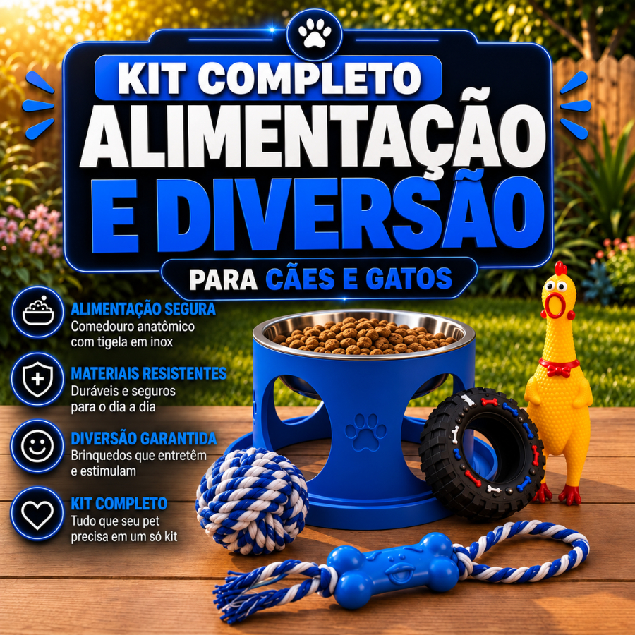 Comedouro Anti formiga Elevado + tigela Inox para Cães e Gatos + Kit de Brinquedos Mordedor Anti estresse Terapeutico