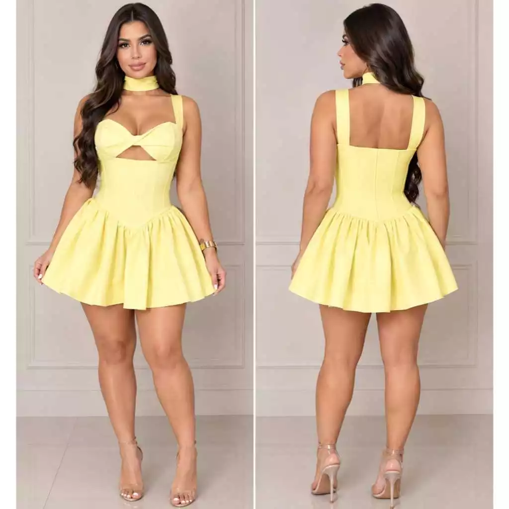 VESTIDO FEMININO CURTO CORSET TOMARA QUE CAIA PLISSADO BABADO COLOR LANÇAMENTO VERÃO 2026 PREMIUM COM BOJO E BARBATANA — imagem 1
