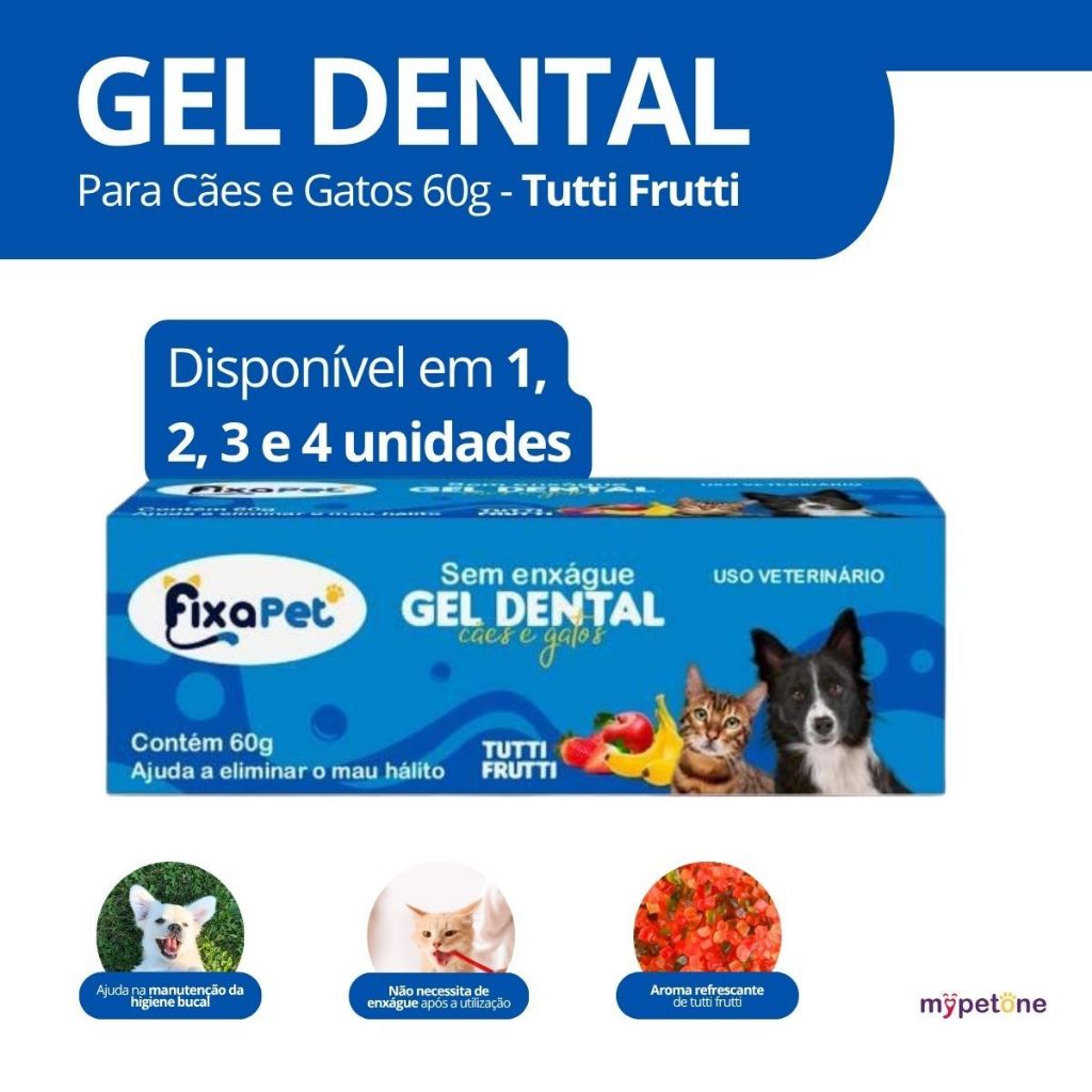 Gel Dental Tutti Frutti 60g Gel Escovação Pet Para Cães e Gatos Sem Enxágue Fixa Pet 1,2,3 ou 4 Unidades