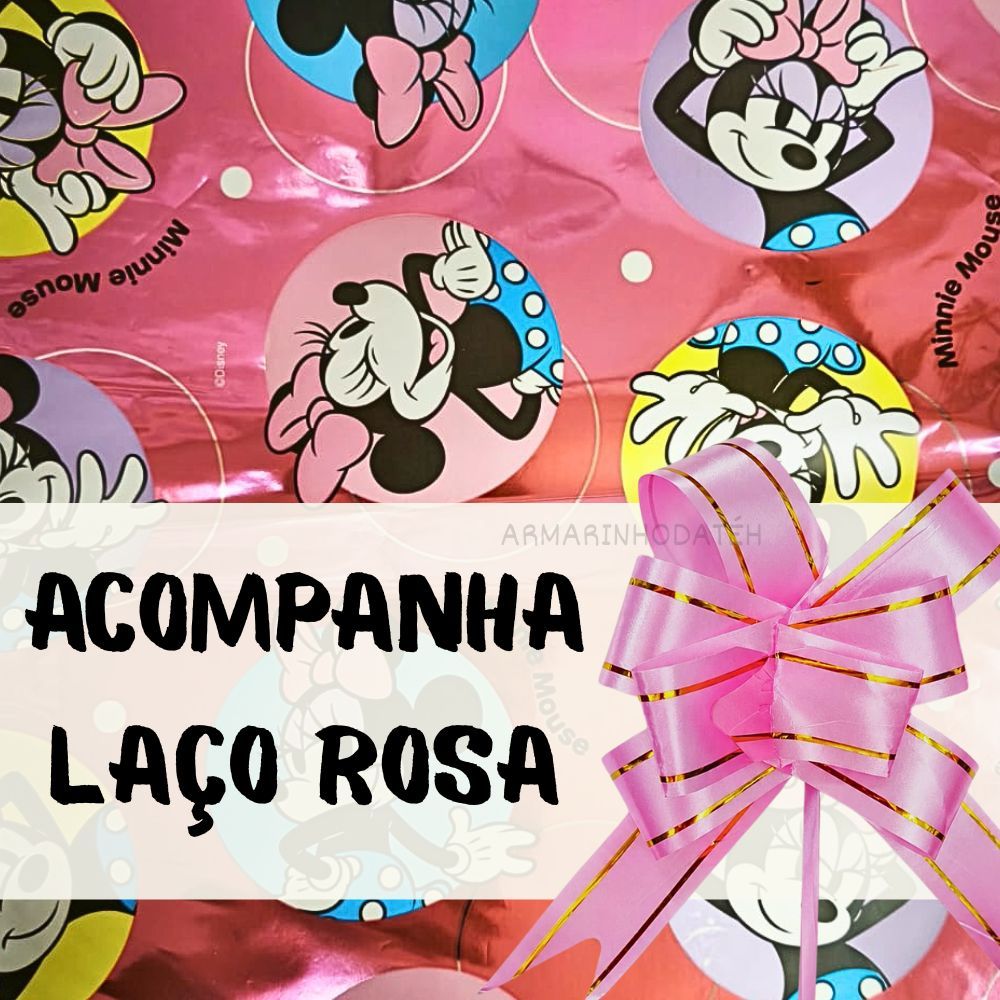 Kit 1,2 ou 3 Saco de Presente Infantil Minnie Rosa + Laço Decorativo Cromus 25x37 cm