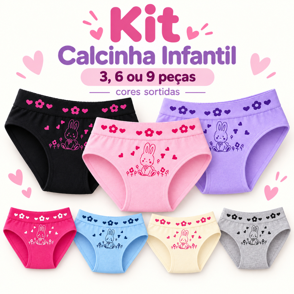 Kit 3, 6 ou 9 Calcinha Feminina Infantil Juvenil Algodão Macio Ajuste Perfeito Cores Estampas Sortidas