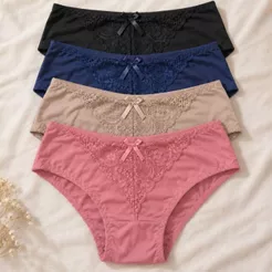 Kit 4 Calcinhas Cintura Alta Tanga Renda Frontal Lingerie Cós Alto Conforto Básica Hot Pants