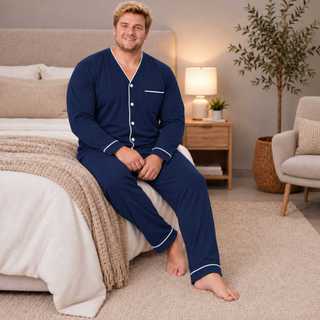 Pijama Americano Masculino De Algodão Longo Plus Size Aberto Botões