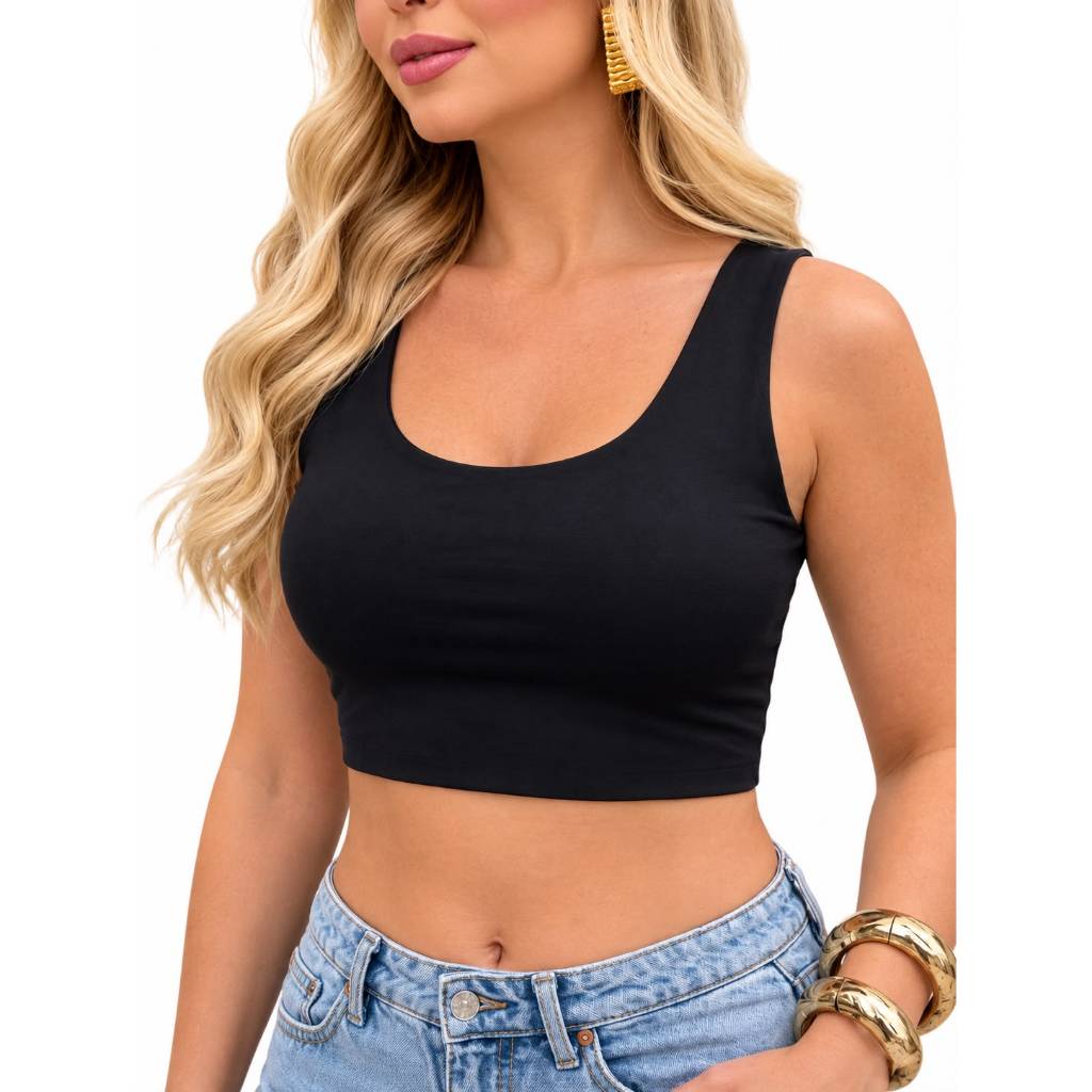 Cropped Feminino Top Faixa Alças Finas Elásticos Básico Forro Duplo Suplex Poliamida