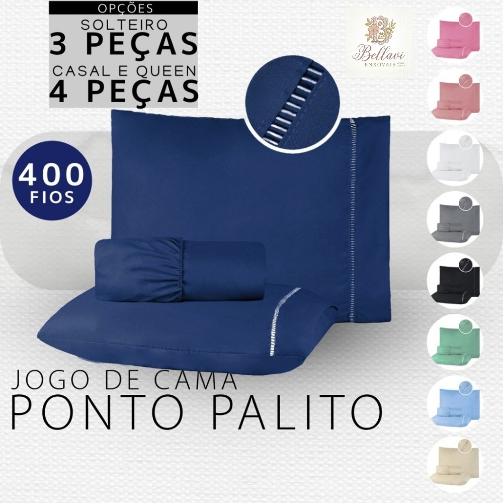 Kit Jogo de Lençol 04 Peças 400 Fios Solteiro,  Casal e Queen Micropercal Acabamento Ponto Palito