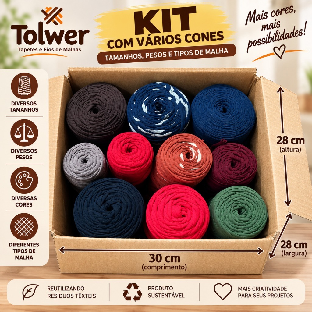 Kit Fio de Malha Cones Sortidos Cores Variadas Tamanhos Diferentes Caixa Econômica Crochê