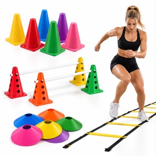 KIT Treino Funcional Agilidade 5 Chapeu + 5 Cones Lisos  + 4 Cone Com Furo + 2 Barreira + Escada