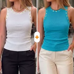 Kit 2 Blusas Feminina Regata Nadador Com Aplicaçãõ de Taxas Ribana Canelada Básica