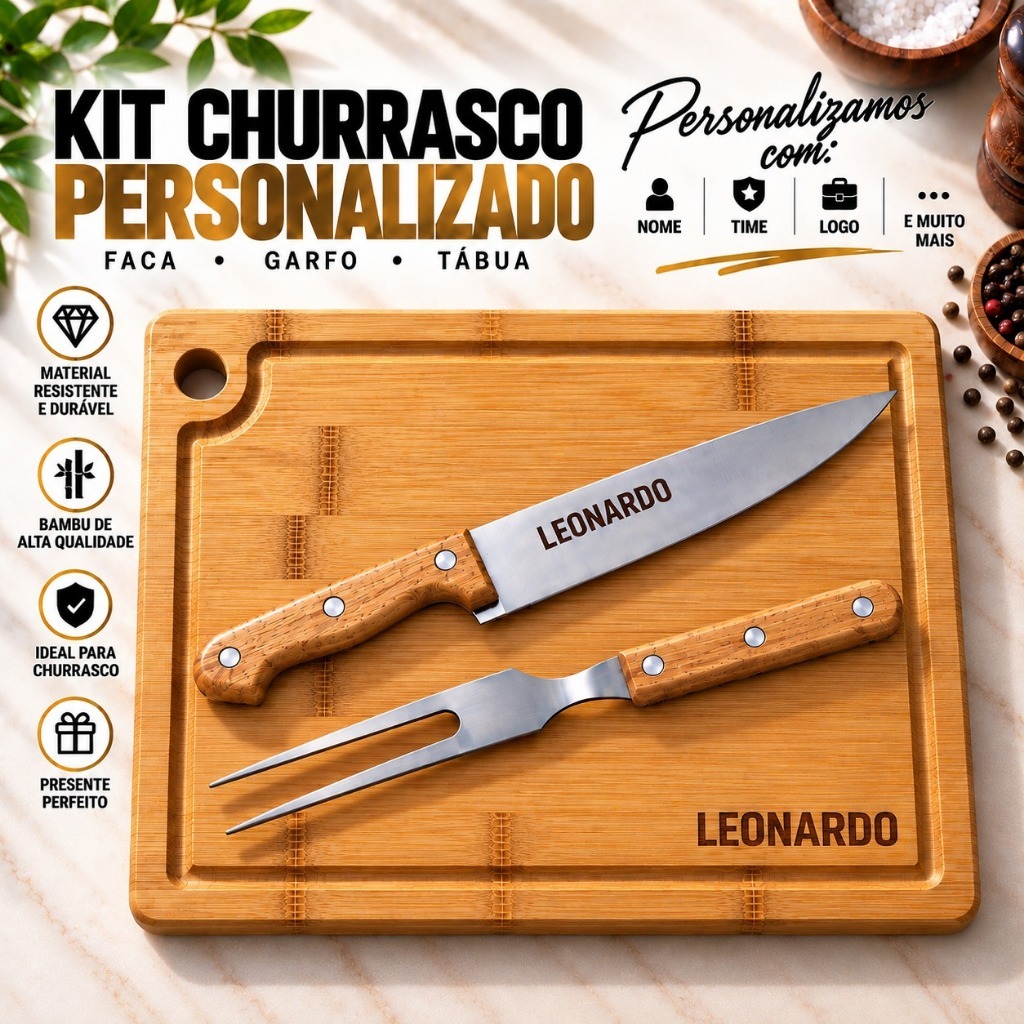 Kit Churrasco Personalizado Com Seu Time Logo Nome Curso 3 Peças - Garfo Faca e Tábua de Bambu