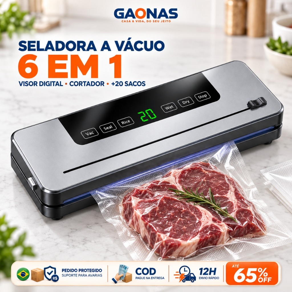 GN-Seladora a Vácuo 6 em 1 120W 75kPa com Cortador 30cm Visor Digital Seco e Úmido + 20 Sacos para Alimentos Bivolt