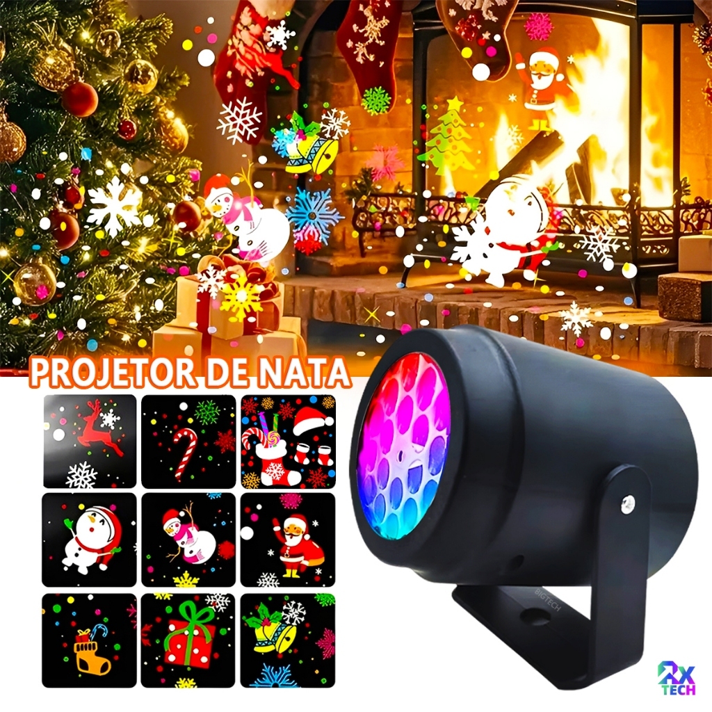 Projetor De Natal LED Com 16 Padrões Rotação De 270° Decorativo Bivolt Portátil Projeção Casa Jardim Festas Parede