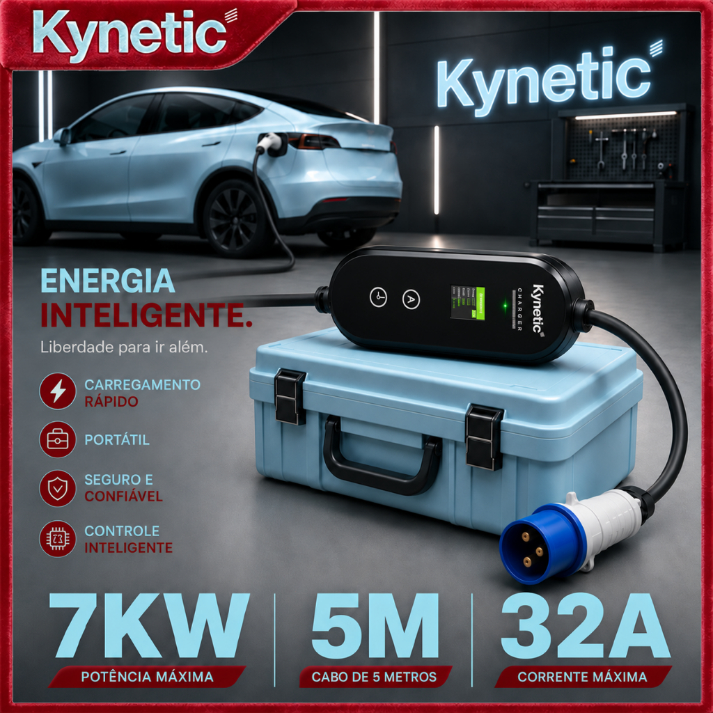 Kynetic Carregador EV Portátil 7kW 32A Tipo 2 – Compatível com BYD, Volvo e Todos os Elétricos – Bivolt 80-260V