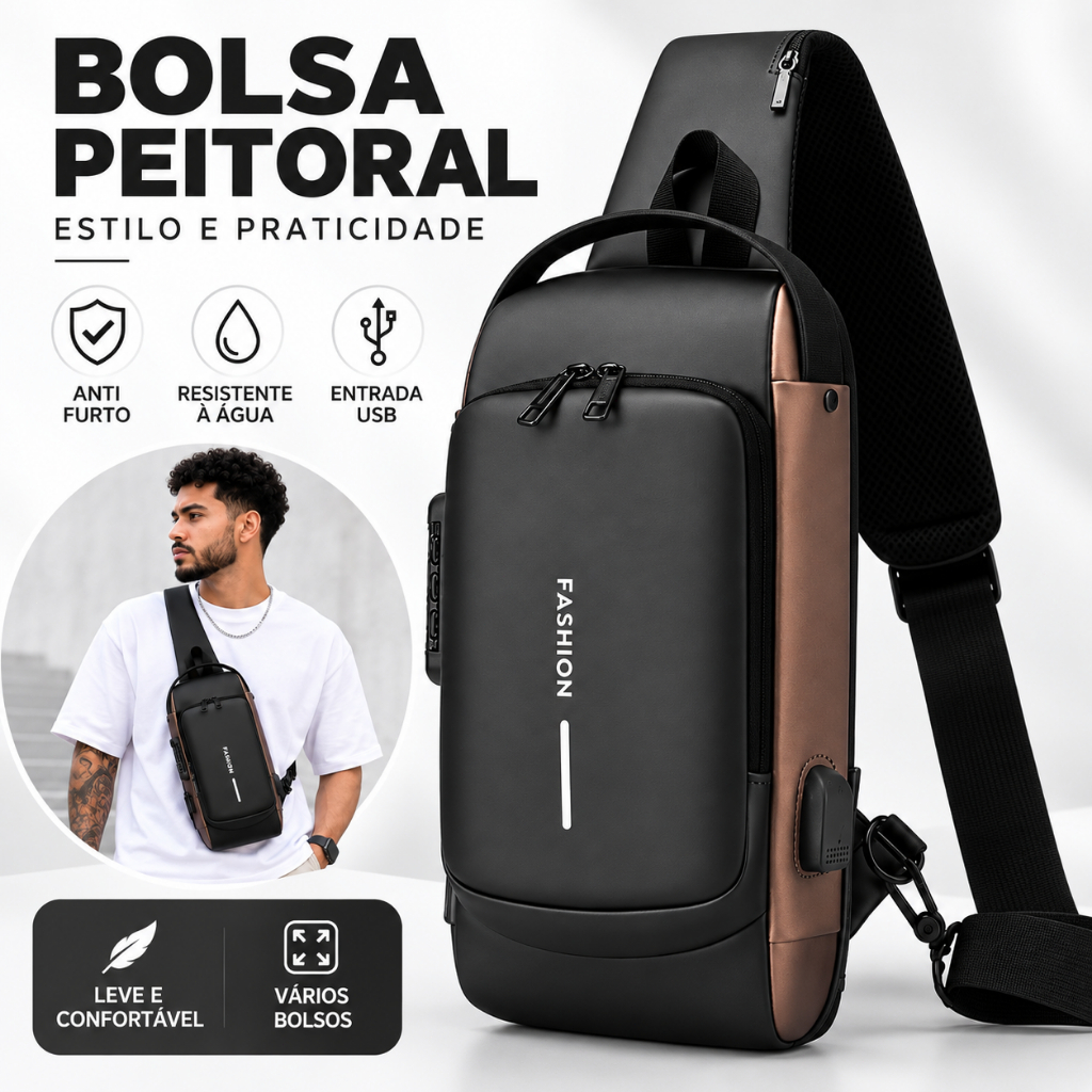 Mochila de Ombro Transversal Compacta Unilateral USB Trava de Código Resistente água