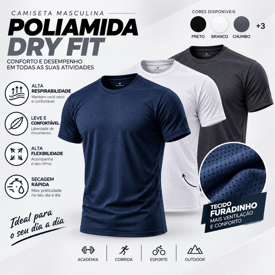 Camiseta Masculina Dry Fit Toque Gelado Furadinho Poliamida Premium Fitness Academia Casual Corrida Treino Anti Suor