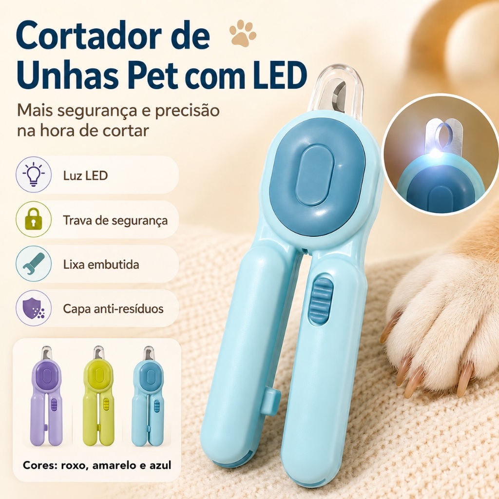 Cortador de Unhas para Cães e Gatos com LED, Trava de Segurança, Capa Anti-Resíduos e Lixa Embutida